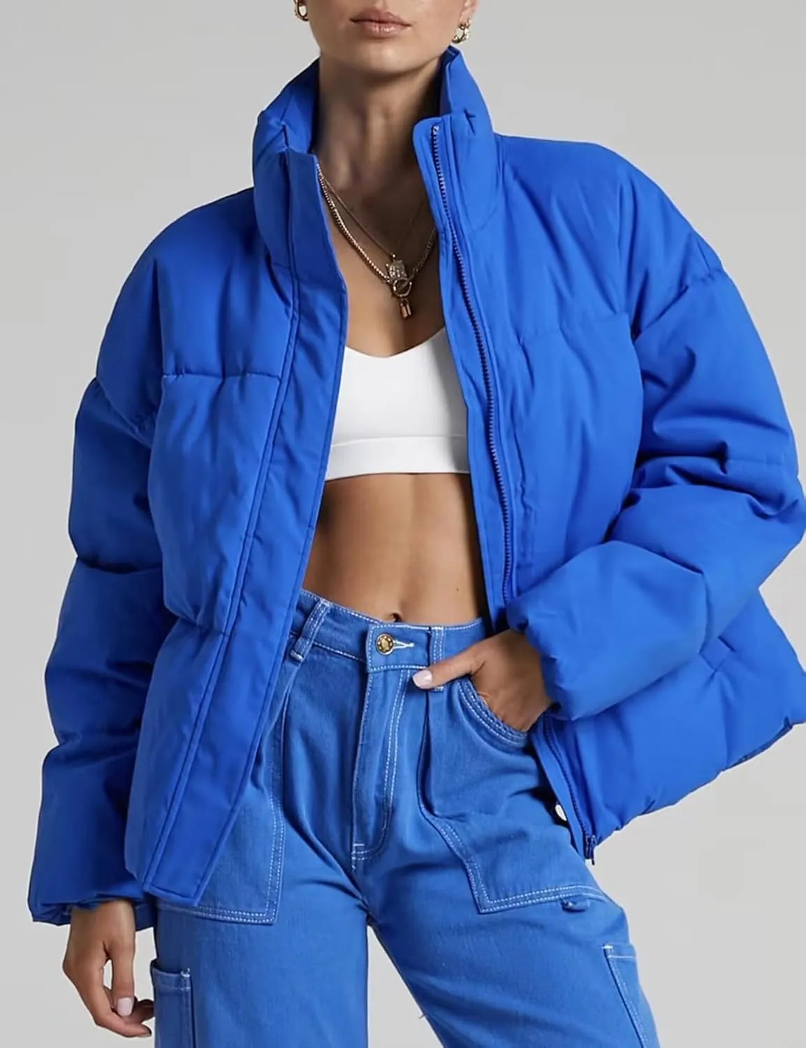 Gihuo Women's Winter Warm Puffer Jacket Stand Collar Baggy Zip Up Short Quilted Jacket Outerwear