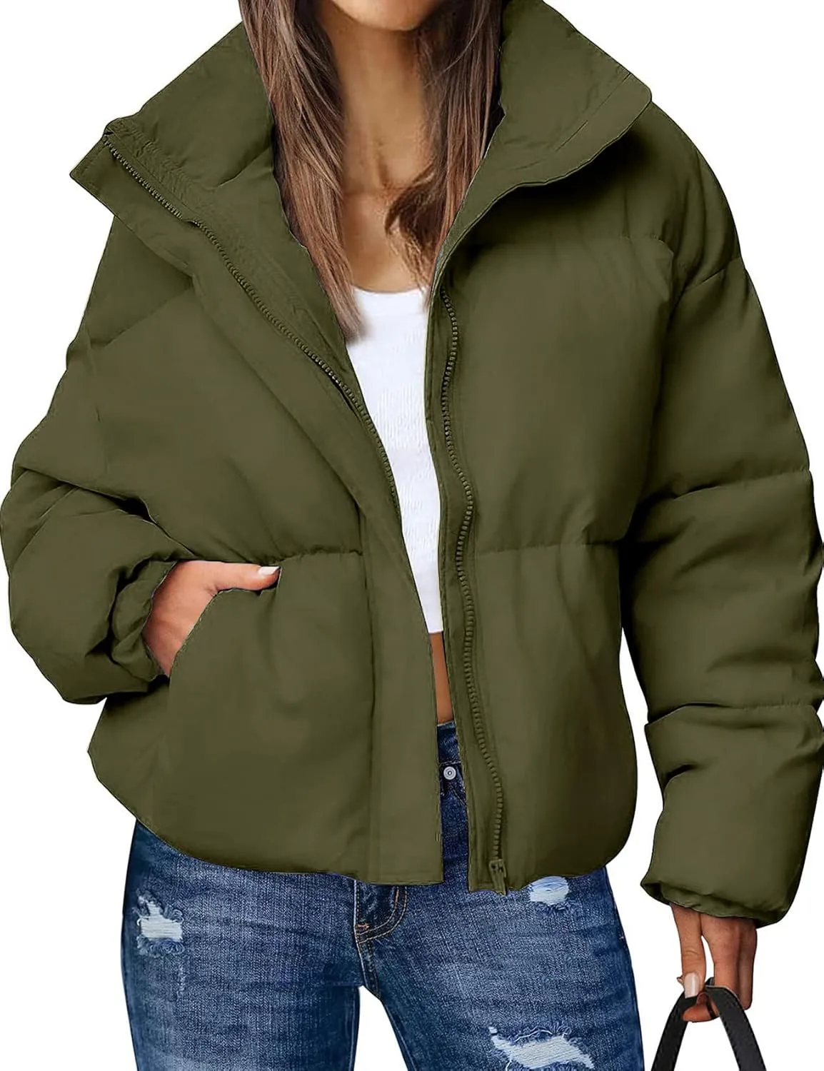 Gihuo Women's Winter Warm Puffer Jacket Stand Collar Baggy Zip Up Short Quilted Jacket Outerwear