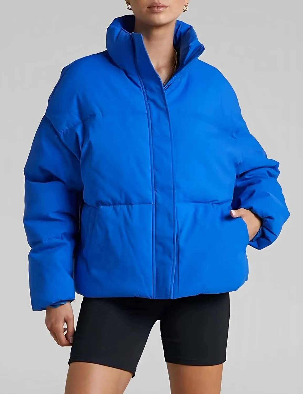 Gihuo Women's Winter Warm Puffer Jacket Stand Collar Baggy Zip Up Short Quilted Jacket Outerwear