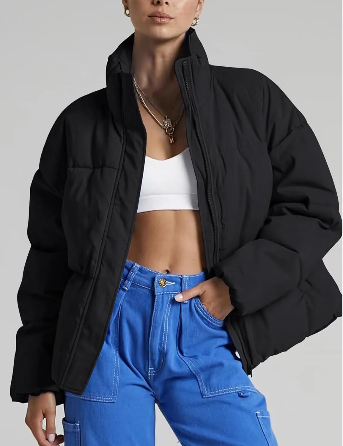 Gihuo Women's Winter Warm Puffer Jacket Stand Collar Baggy Zip Up Short Quilted Jacket Outerwear