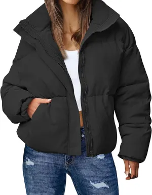 Gihuo Women's Winter Warm Puffer Jacket Stand Collar Baggy Zip Up Short Quilted Jacket Outerwear