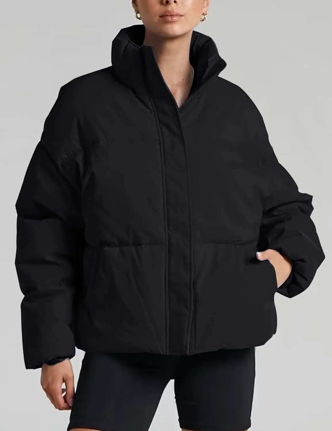Gihuo Women's Winter Warm Puffer Jacket Stand Collar Baggy Zip Up Short Quilted Jacket Outerwear