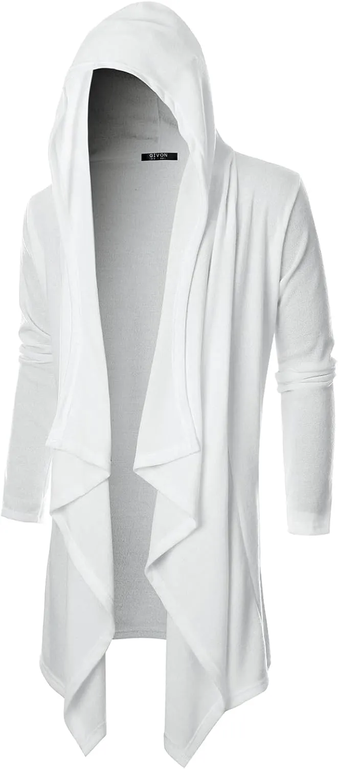 GIVON Mens Hooded Cardigan Ruffle Shawl Collar Drape Cape Overcoat with Pockets & Oversized Hood