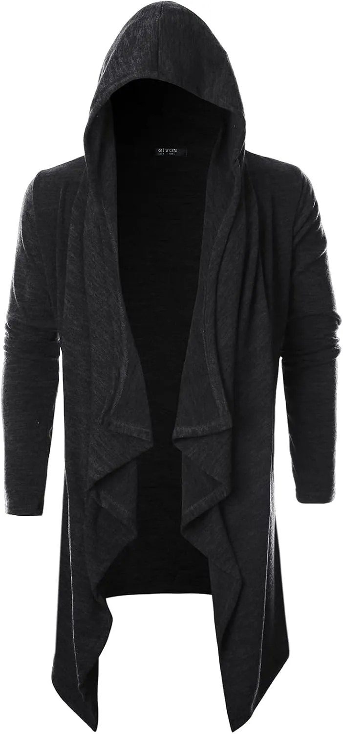 GIVON Mens Hooded Cardigan Ruffle Shawl Collar Drape Cape Overcoat with Pockets & Oversized Hood