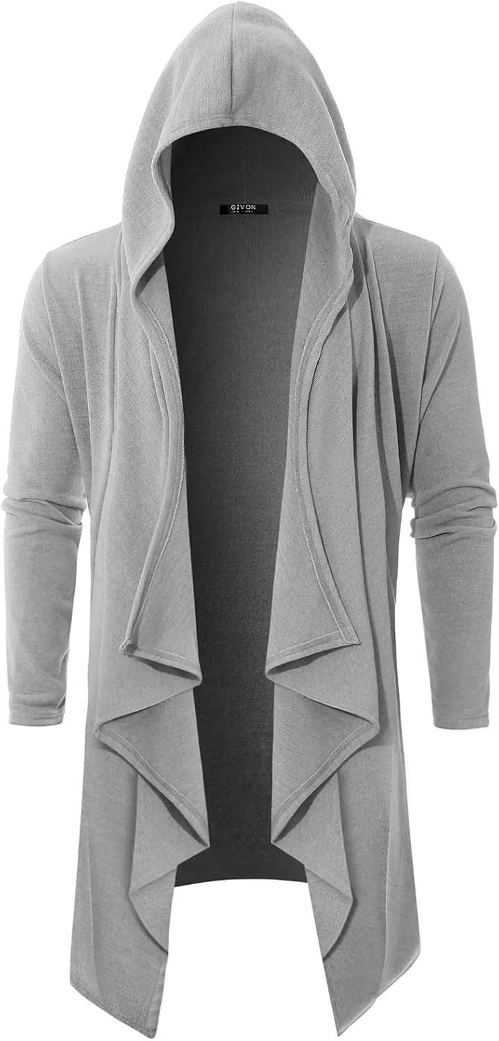 GIVON Mens Hooded Cardigan Ruffle Shawl Collar Drape Cape Overcoat with Pockets & Oversized Hood