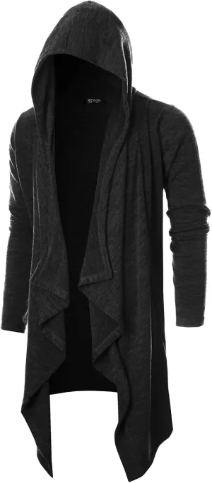 GIVON Mens Hooded Cardigan Ruffle Shawl Collar Drape Cape Overcoat with Pockets & Oversized Hood