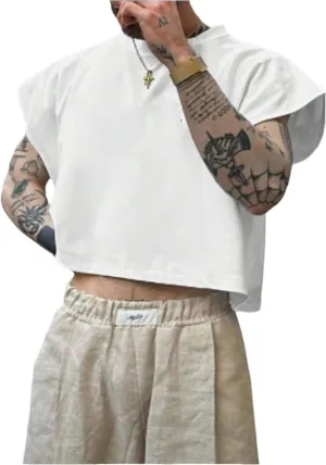 GORGLITTER Men's Cap Sleeve Cropped Tee Top Crew Neck Dolman Sleeve Oversized T Shirt