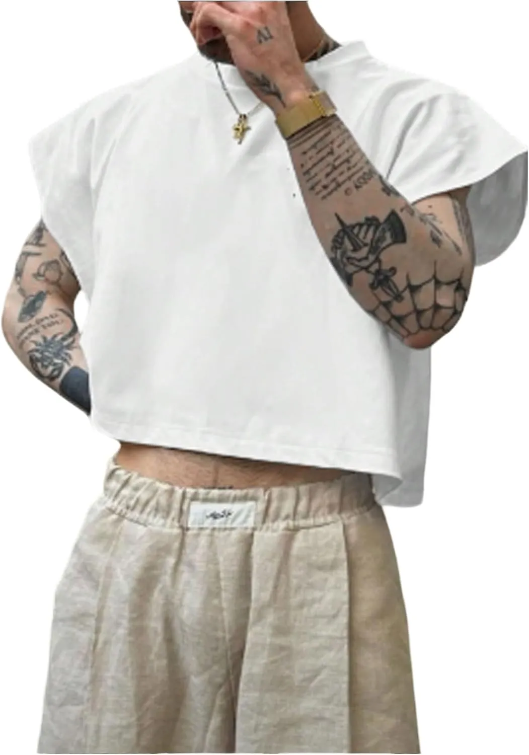 GORGLITTER Men's Cap Sleeve Cropped Tee Top Crew Neck Dolman Sleeve Oversized T Shirt