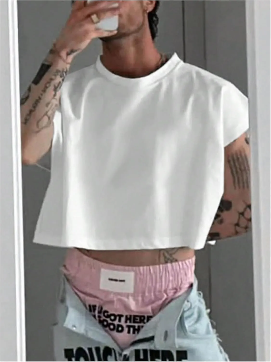 GORGLITTER Men's Cap Sleeve Cropped Tee Top Crew Neck Dolman Sleeve Oversized T Shirt