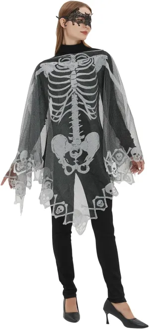 Halloween Costumes for Women,Women's Halloween Skeleton Cape Poncho,Gifts for Women,Includes Halloween Masquerade Mask (Black)