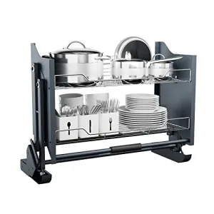 HAVEITS Pull Down Cabinet Organizer, 2 Tiers Spice and Dishes Pull Out Cabinet Storage Shelf for Kitchen Upper Blind Conner Cabinet, Suitable for 30inch Cabinet