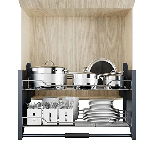HAVEITS Pull Down Cabinet Organizer, 2 Tiers Spice and Dishes Pull Out Cabinet Storage Shelf for Kitchen Upper Blind Conner Cabinet, Suitable for 30inch Cabinet