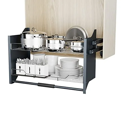 HAVEITS Pull Down Cabinet Organizer, 2 Tiers Spice and Dishes Pull Out Cabinet Storage Shelf for Kitchen Upper Blind Conner Cabinet, Suitable for 30inch Cabinet