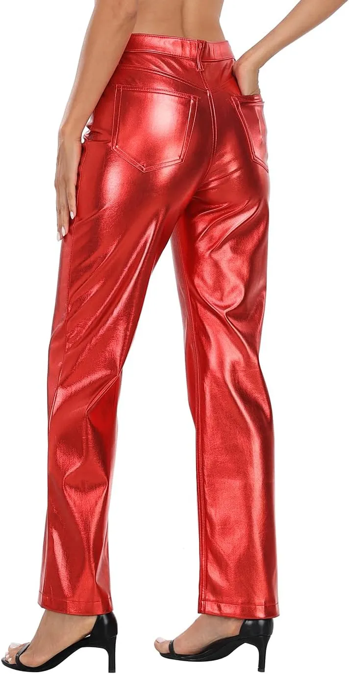 HDE Women's Shiny Metallic Faux Leather Pants High Waisted Straight Leg Trousers
