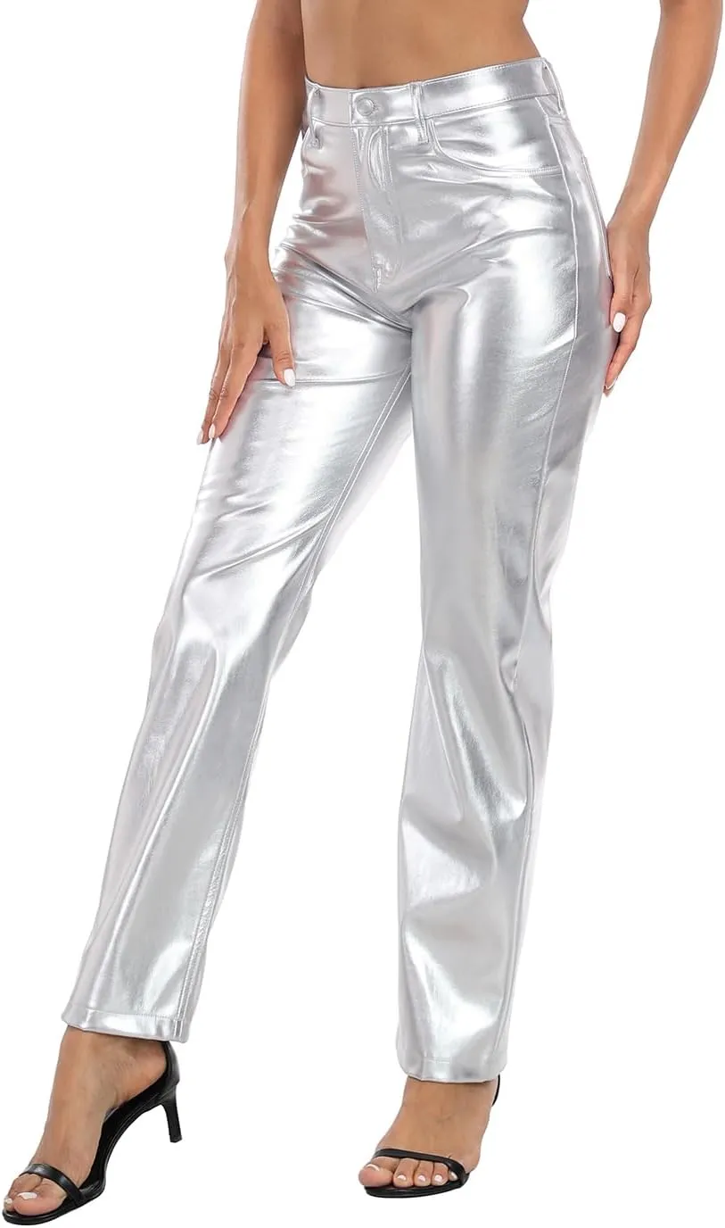 HDE Women's Shiny Metallic Faux Leather Pants High Waisted Straight Leg Trousers