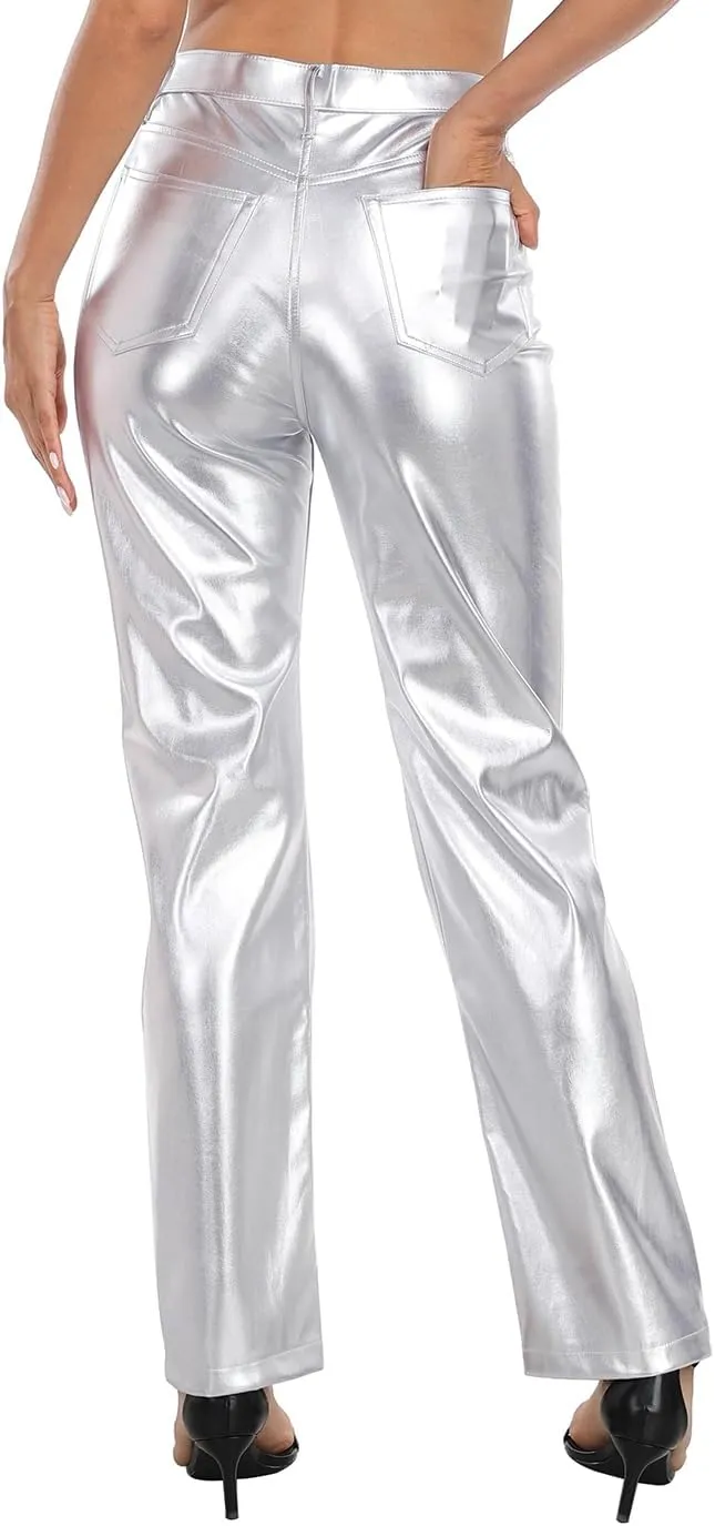 HDE Women's Shiny Metallic Faux Leather Pants High Waisted Straight Leg Trousers