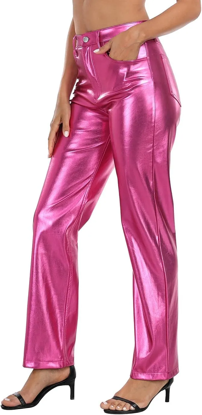 HDE Women's Shiny Metallic Faux Leather Pants High Waisted Straight Leg Trousers