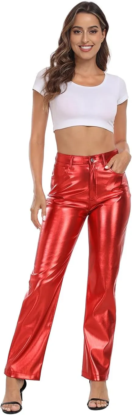 HDE Women's Shiny Metallic Faux Leather Pants High Waisted Straight Leg Trousers
