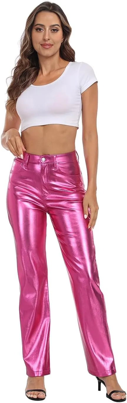 HDE Women's Shiny Metallic Faux Leather Pants High Waisted Straight Leg Trousers