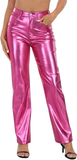 HDE Women's Shiny Metallic Faux Leather Pants High Waisted Straight Leg Trousers