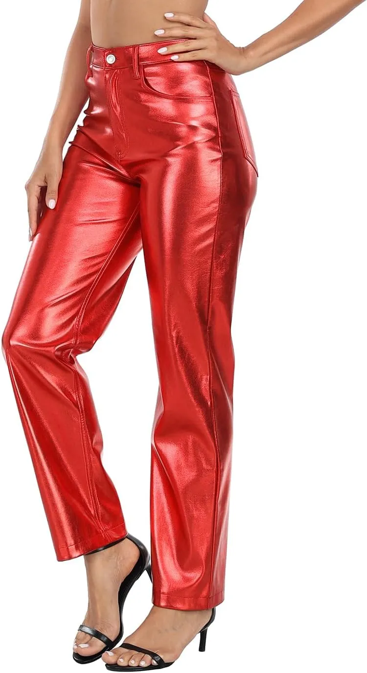 HDE Women's Shiny Metallic Faux Leather Pants High Waisted Straight Leg Trousers