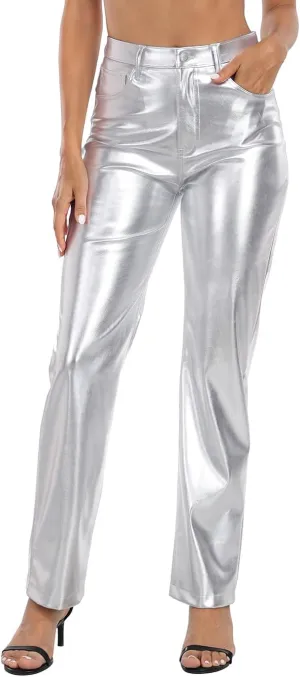 HDE Women's Shiny Metallic Faux Leather Pants High Waisted Straight Leg Trousers