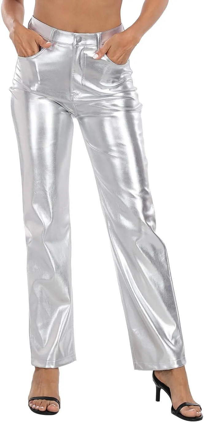 HDE Women's Shiny Metallic Faux Leather Pants High Waisted Straight Leg Trousers