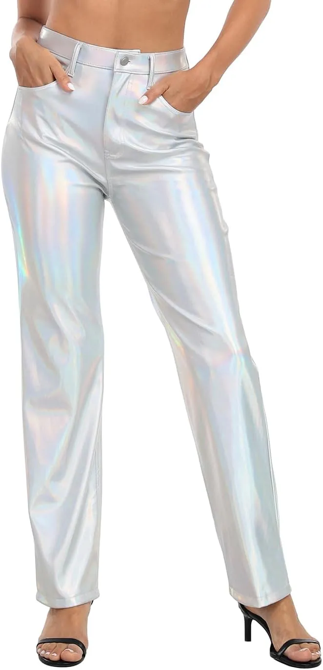 HDE Women's Shiny Metallic Faux Leather Pants High Waisted Straight Leg Trousers