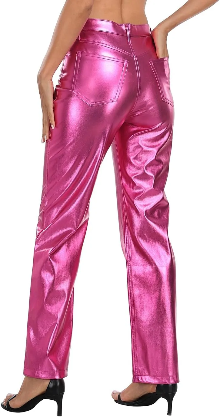 HDE Women's Shiny Metallic Faux Leather Pants High Waisted Straight Leg Trousers