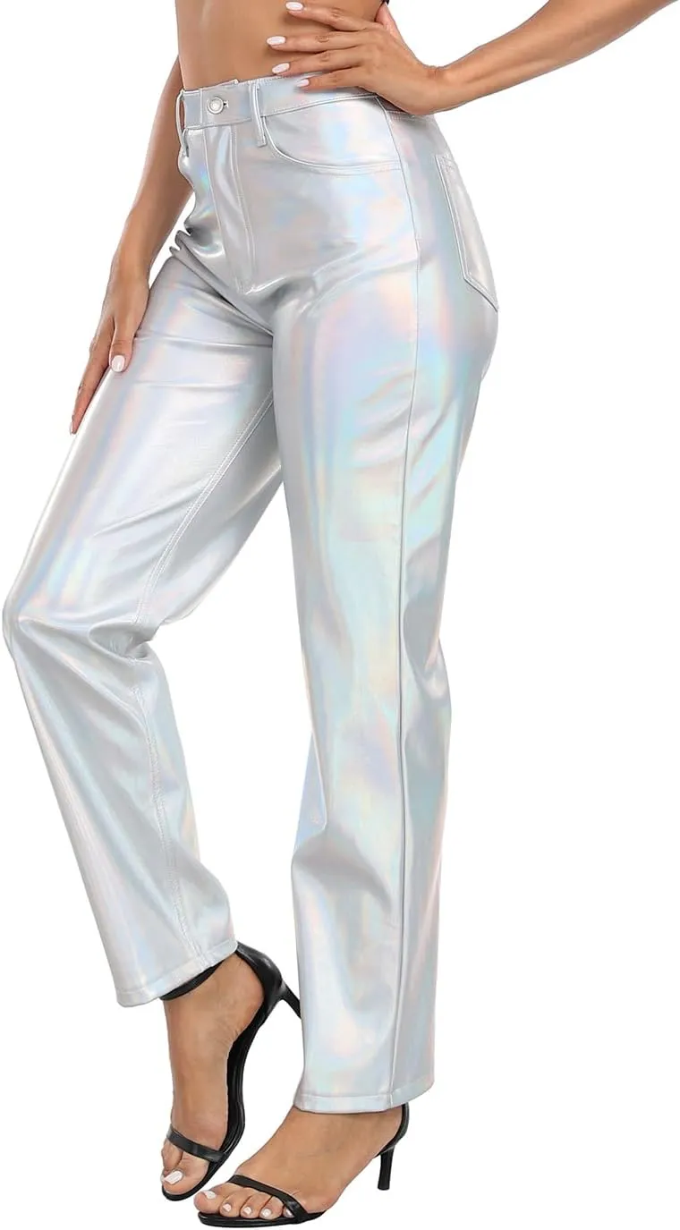 HDE Women's Shiny Metallic Faux Leather Pants High Waisted Straight Leg Trousers