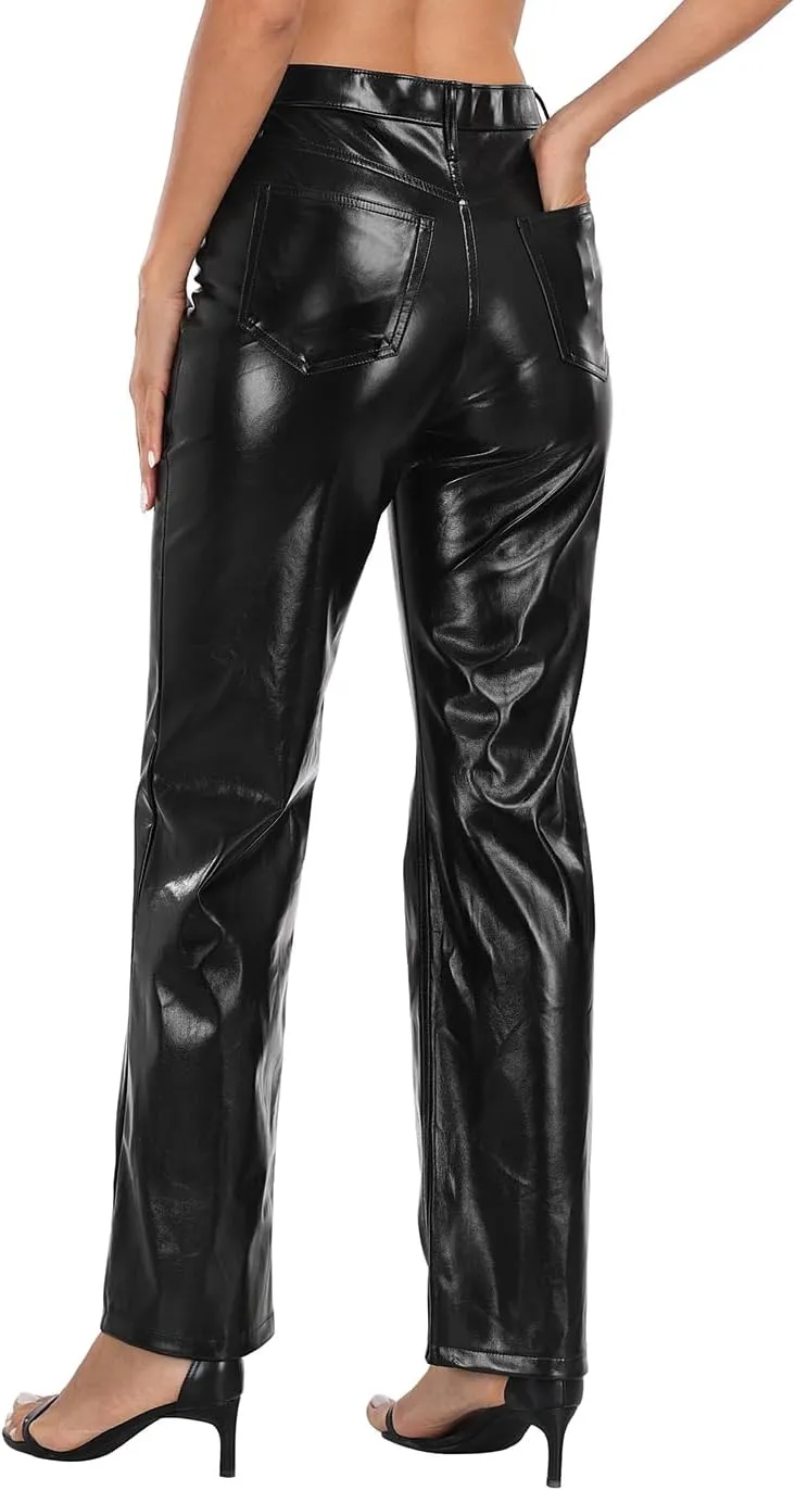 HDE Women's Shiny Metallic Faux Leather Pants High Waisted Straight Leg Trousers