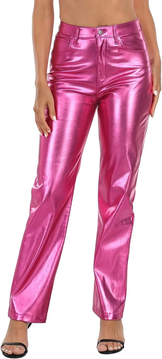 HDE Women's Shiny Metallic Faux Leather Pants High Waisted Straight Leg Trousers