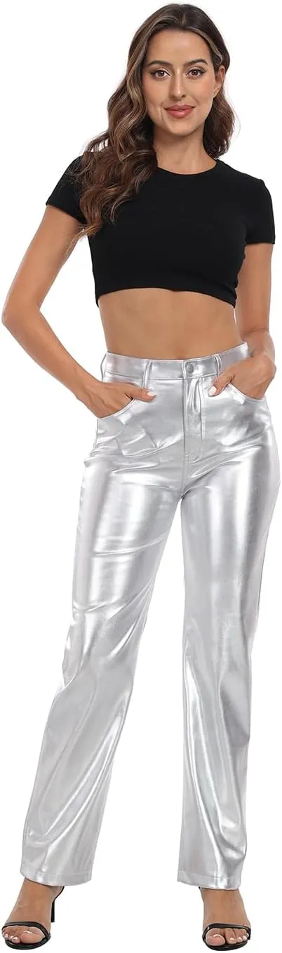 HDE Women's Shiny Metallic Faux Leather Pants High Waisted Straight Leg Trousers