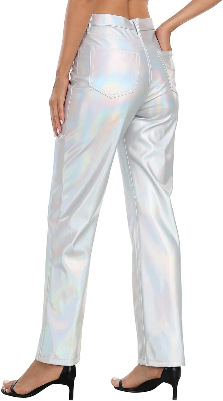 HDE Women's Shiny Metallic Faux Leather Pants High Waisted Straight Leg Trousers