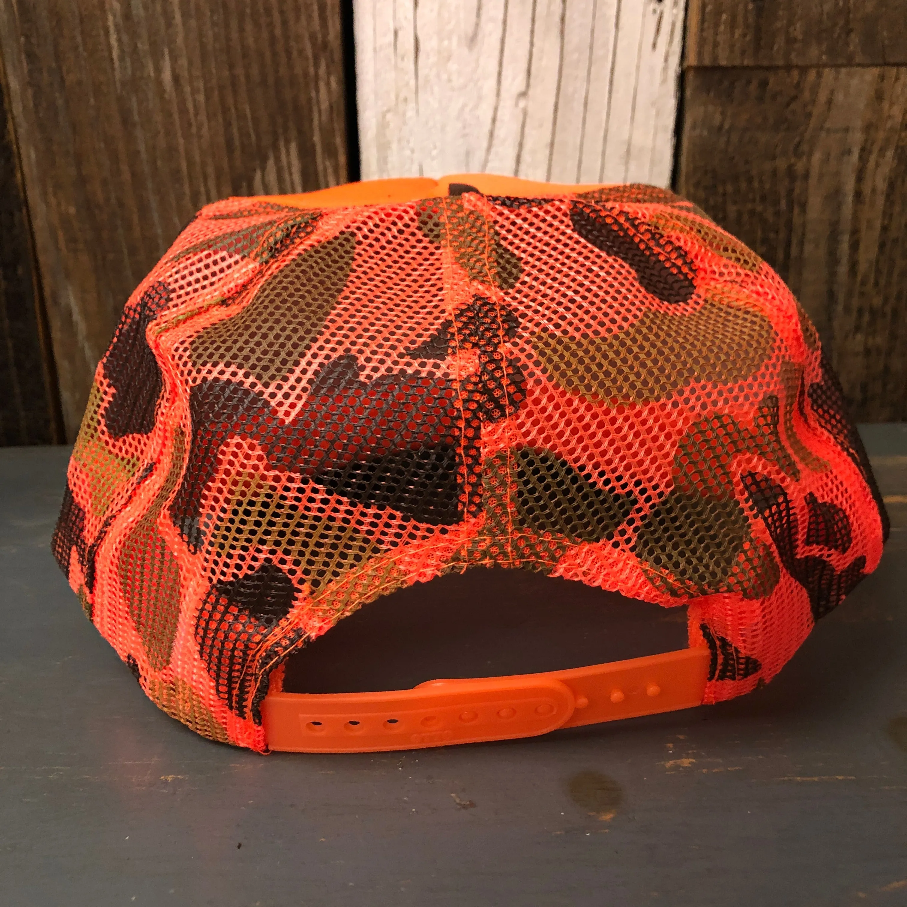 Hermosa Beach GOLF CARTS & YOGA PANTS High Crown Trucker Hat - Neon Orange Hunters Camo