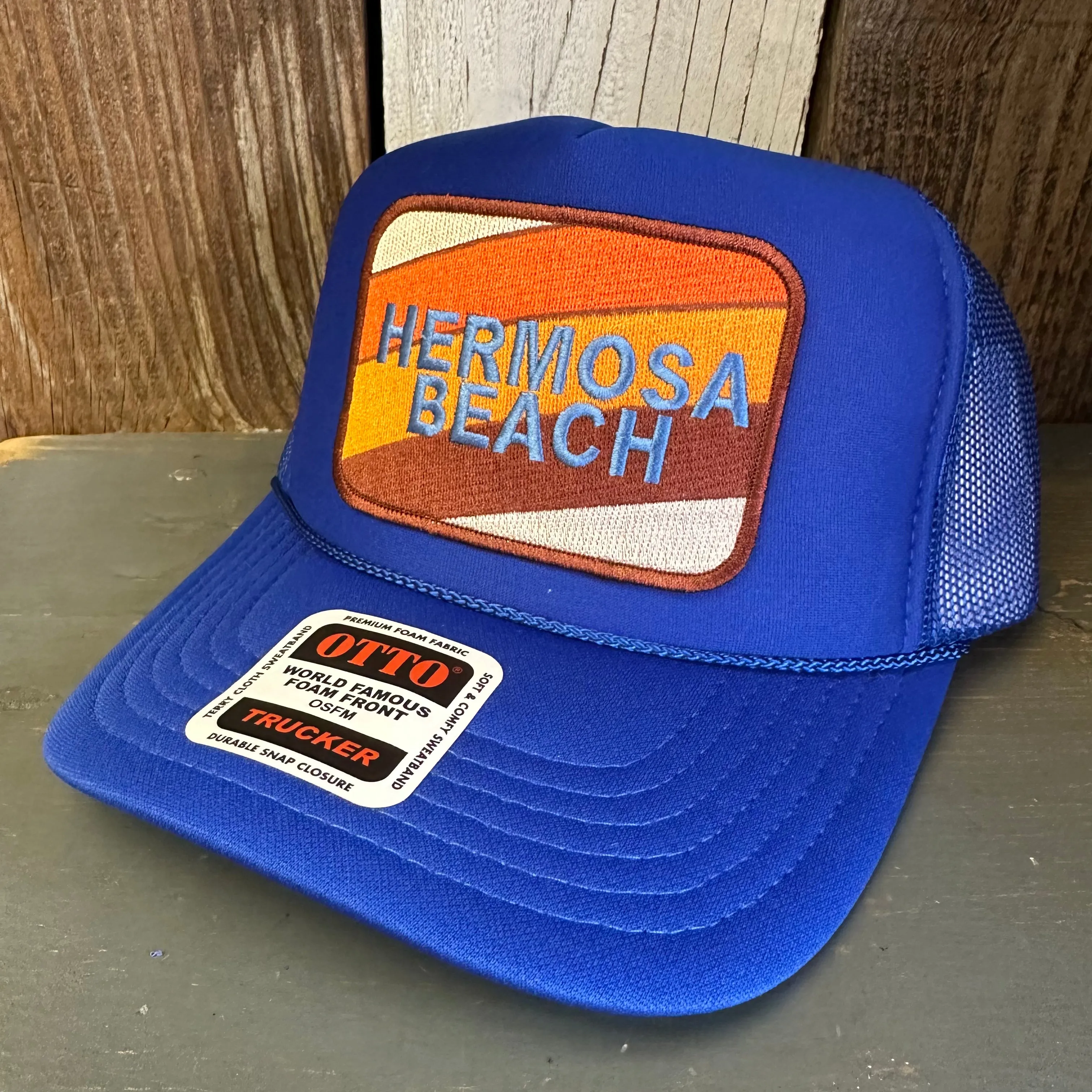 Hermosa Beach GOLF CARTS & YOGA PANTS High Crown Trucker Hat - Royal Blue (Curved Brim)