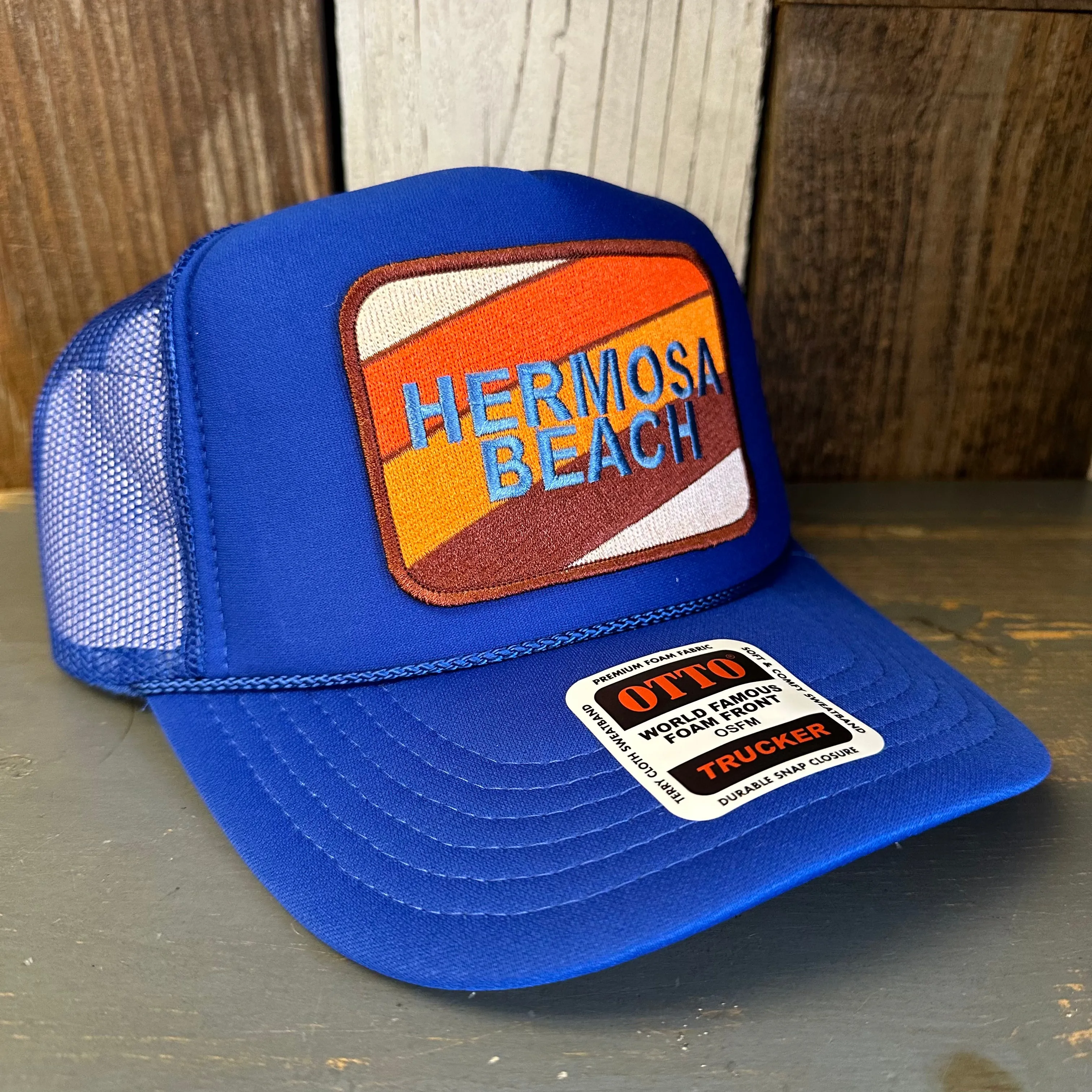 Hermosa Beach GOLF CARTS & YOGA PANTS High Crown Trucker Hat - Royal Blue (Curved Brim)