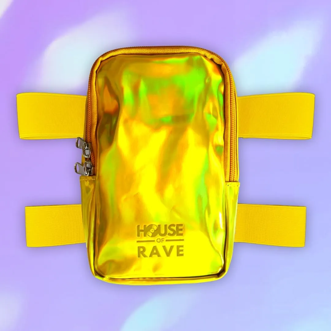 Holographic Thigh Bag No-Slip-Padded Backing - Inner Pockets & Double Zipper Carnival Thigh Bag for Women - Iridescent Leg Bag - Reflective Phone Holder (Gold)