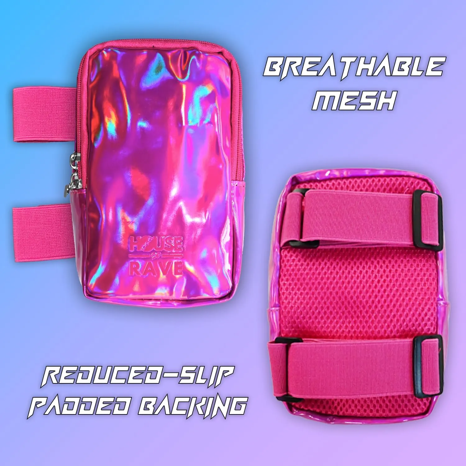 Holographic Thigh Bag No-Slip-Padded Backing - Inner Pockets & Double Zipper Carnival Thigh Bag for Women - Iridescent Leg Bag - Reflective Phone Holder (Pink)