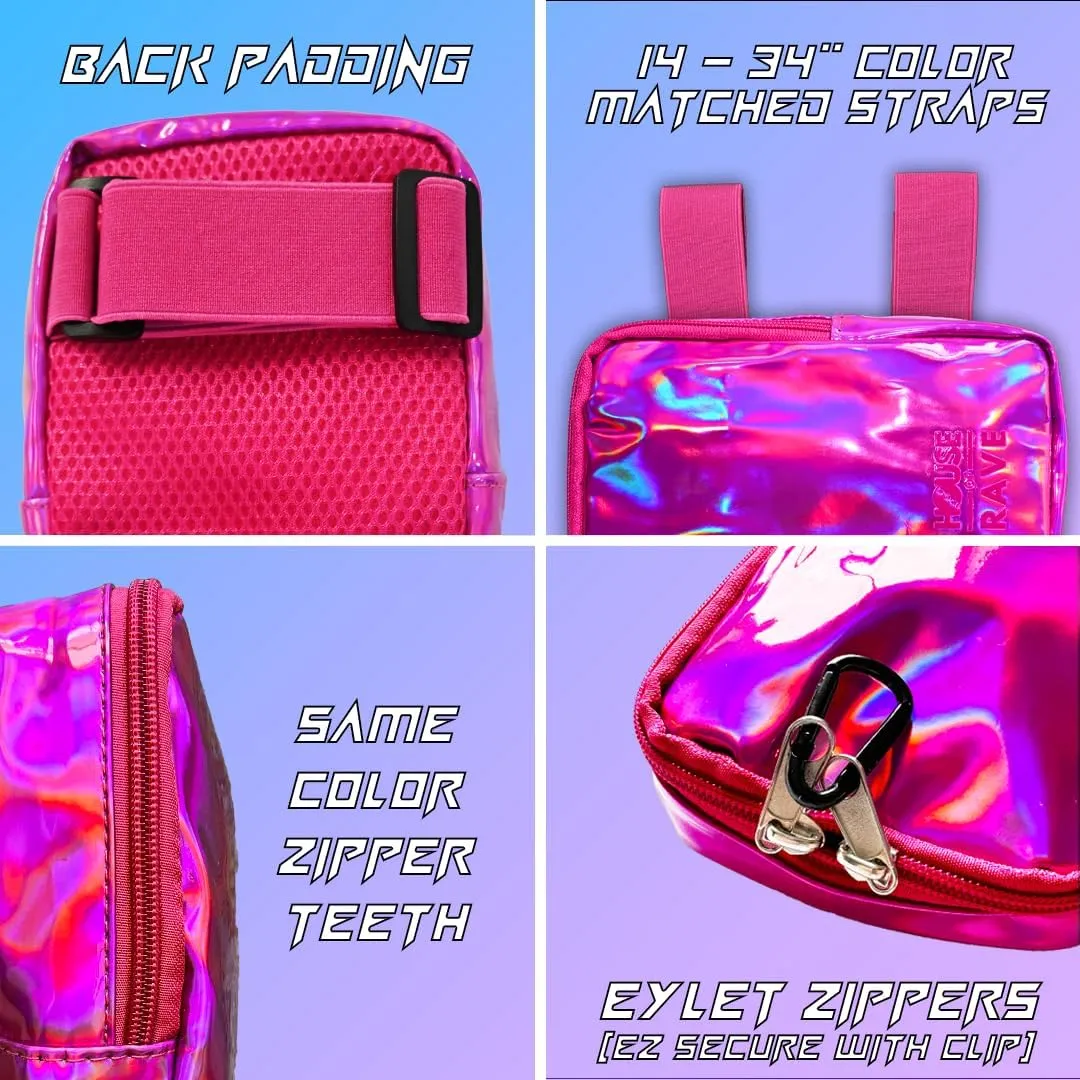 Holographic Thigh Bag No-Slip-Padded Backing - Inner Pockets & Double Zipper Carnival Thigh Bag for Women - Iridescent Leg Bag - Reflective Phone Holder (Pink)