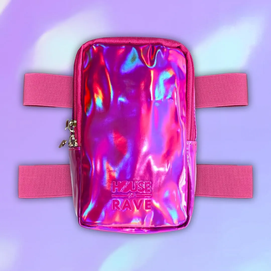 Holographic Thigh Bag No-Slip-Padded Backing - Inner Pockets & Double Zipper Carnival Thigh Bag for Women - Iridescent Leg Bag - Reflective Phone Holder (Pink)