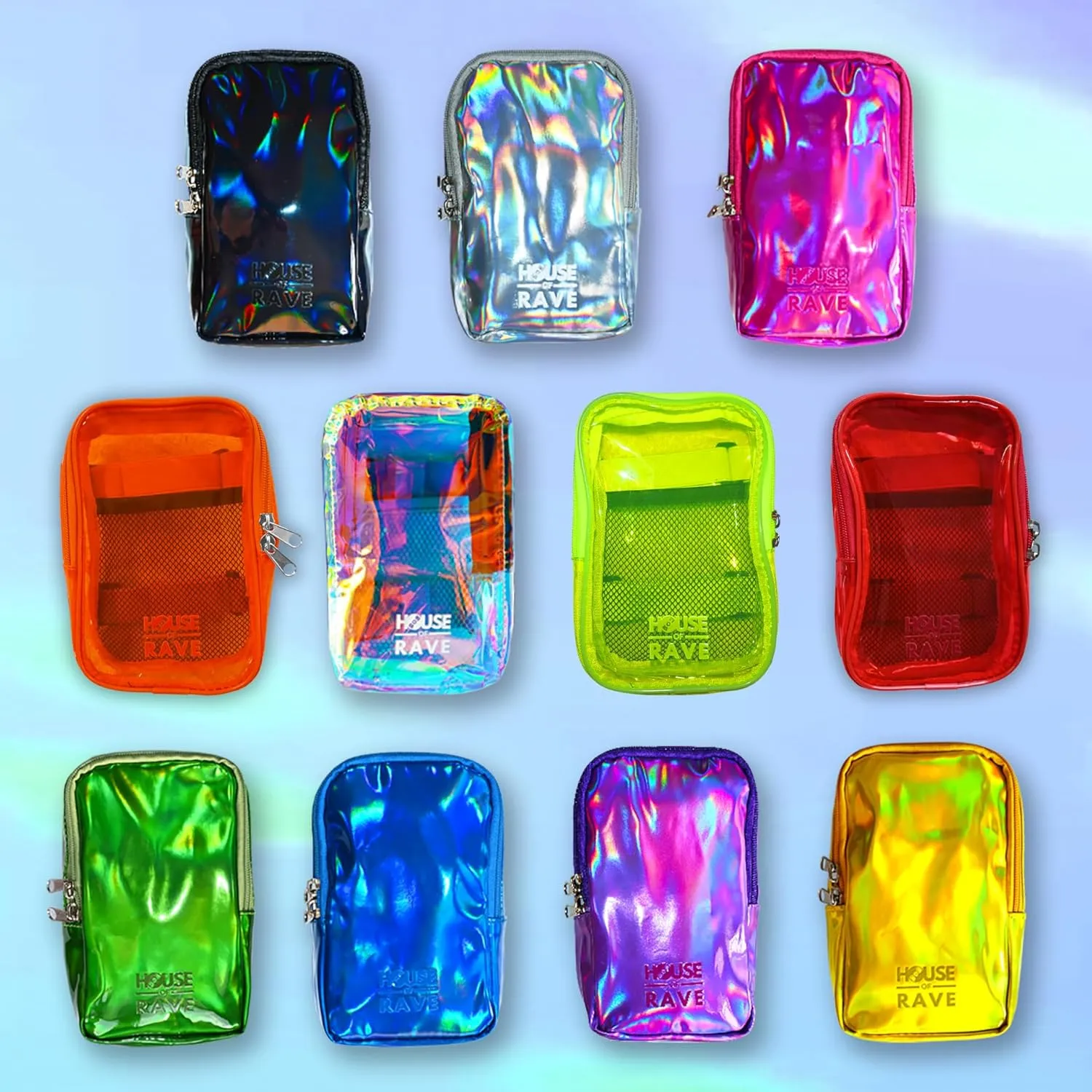 Holographic Thigh Bag w/Inner Pockets & Mesh Backing - Double Zipper Carnival Thigh Bag for Women - Iridescent Leg Bag - Reflective Phone Holder (Black)