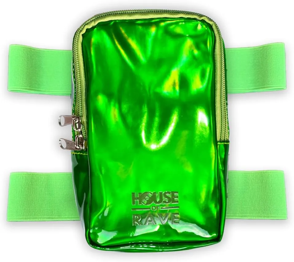 Holographic Thigh Bag w/Inner Pockets & Mesh Backing - Double Zipper Carnival Thigh Bag for Women - Iridescent Leg Bag - Reflective Phone Holder (Green)