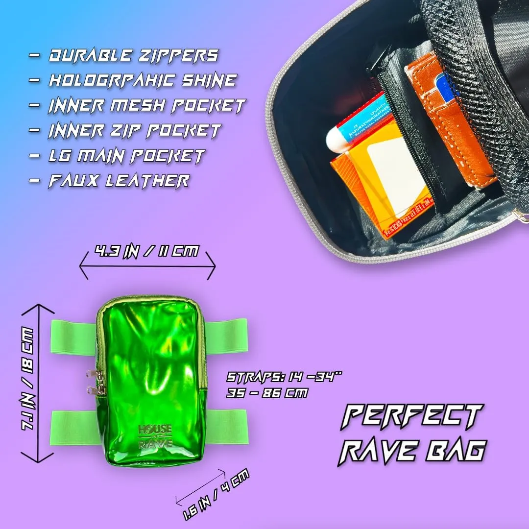 Holographic Thigh Bag w/Inner Pockets & Mesh Backing - Double Zipper Carnival Thigh Bag for Women - Iridescent Leg Bag - Reflective Phone Holder (Green)
