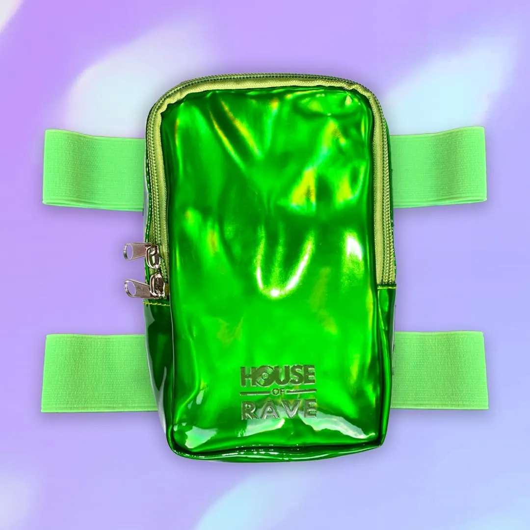 Holographic Thigh Bag w/Inner Pockets & Mesh Backing - Double Zipper Carnival Thigh Bag for Women - Iridescent Leg Bag - Reflective Phone Holder (Green)