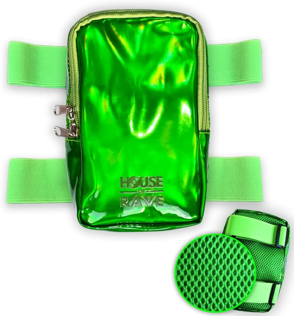 Holographic Thigh Bag w/Inner Pockets & Mesh Backing - Double Zipper Carnival Thigh Bag for Women - Iridescent Leg Bag - Reflective Phone Holder (Green)