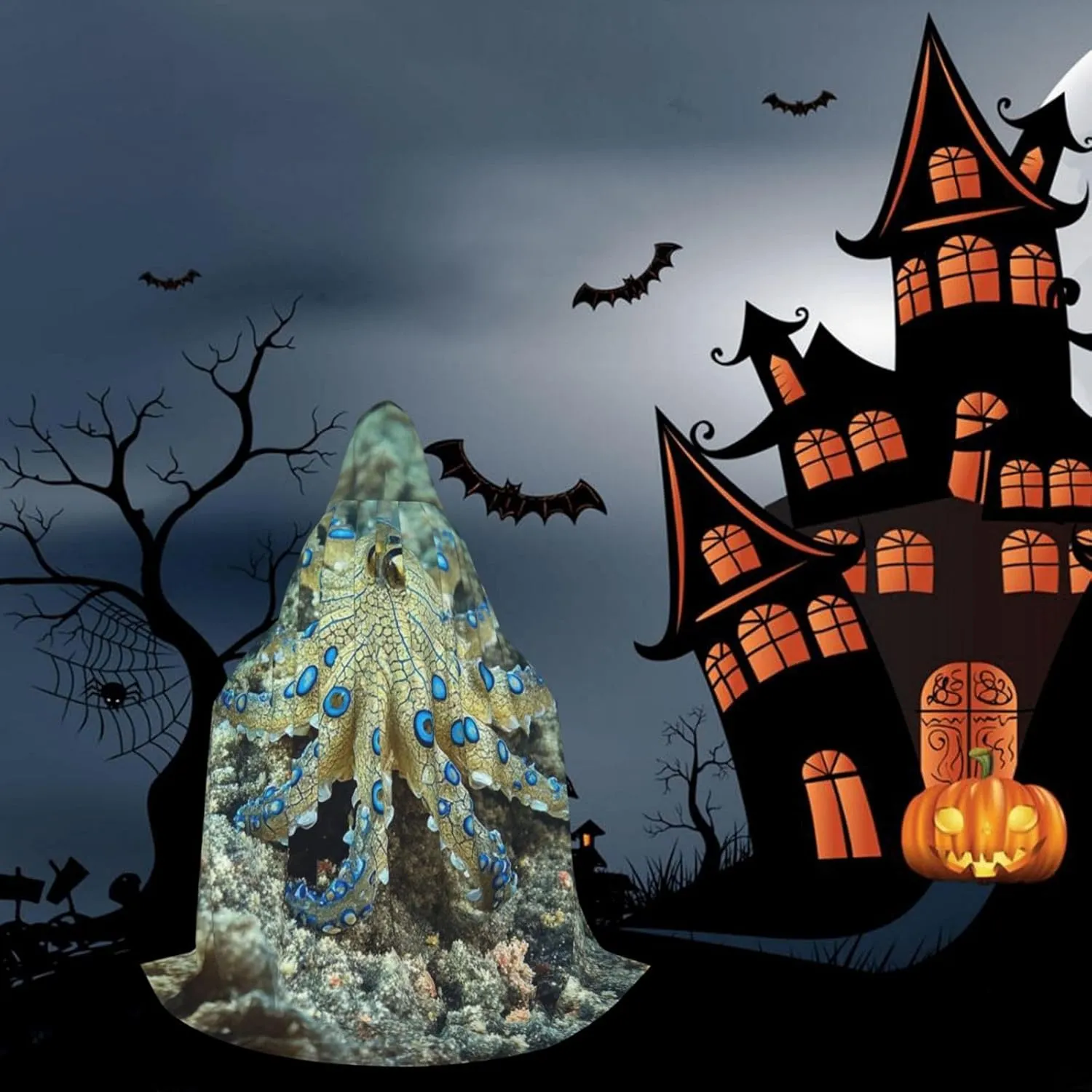 Hooded Cloak Unisex Halloween Hooded Cape Blue Ringed Octopus Hooded Robe Halloween Cloak Cosplay Costumes