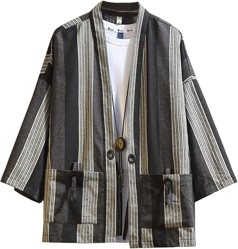 Hotmiss Mens Kimono Hipster Plaid Patchwork Linen Cloak Open Front Cardigan Jackets