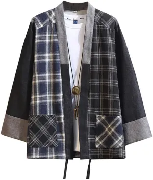 Hotmiss Mens Kimono Hipster Plaid Patchwork Linen Cloak Open Front Cardigan Jackets
