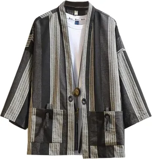 Hotmiss Mens Kimono Hipster Plaid Patchwork Linen Cloak Open Front Cardigan Jackets